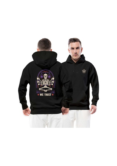 İn Coffe We Trust İskelet Siyah Streetwear Kapşonlu Hoodie