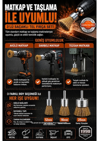 Tel Fırça Seti 3'lü Matkap Uyumlu Tel Fırça Aparatı 12mm 16mm 25mm Pas Boya Oksit Kaynak Temizleme F