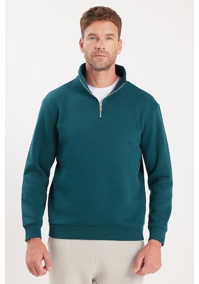 Tudors Unisex Relax Fit Rahat Kesim Pamuklu İçi Polarlı Yarım Fermuarlı Yeşil Dik Yaka Sweatshirt-35163 Yeşil