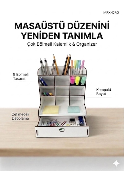 Mrx-org Masaüstü Organizer 9 Bölmeli Kalemlik, Çekmeceli Masa Düzenleyici, Ahşap Ofis Organizer Beyaz