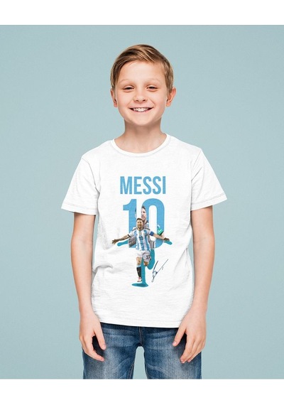 Sevbano Messi 10 Baskılı Unisex Futbolcu Çocuk Tişört 1-12 Yaş Beyaz
