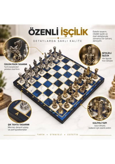Lüks Metal Satranç Takımı Osmanlı Bizans Figürlü Krom Mavi Mermer Desenli 20x20 Premium Hediye Seti