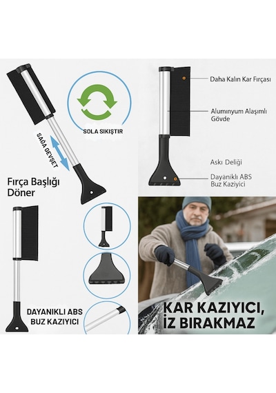 Polham Alüminyum 2in1 65 Cm Uzayabilen Teleskopik Kar Ve Buz Fırçası Kar Temizleme Fırçası + Buz Kazıyıcı Siyah