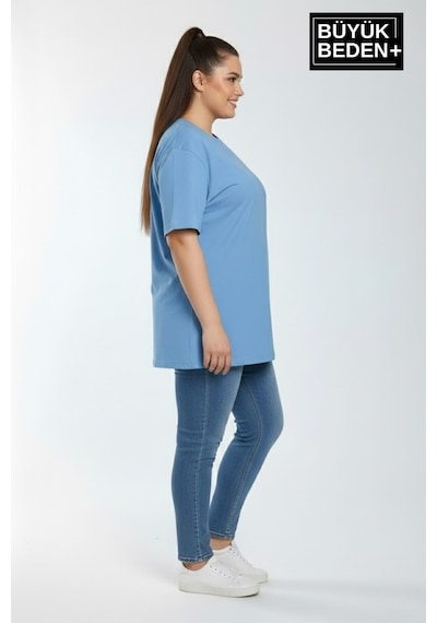 Superlife Büyük Beden Kadın Basic Tişört Pamuklu Düz T-shirt 3xl-6xl Spr26btsk510 Mavi