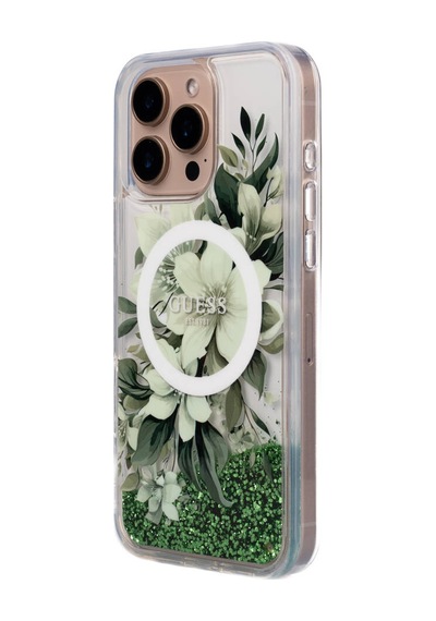 Apple iPhone 16 Pro Max Uyumlu Kılıf Guess Lisanslı Magsafe Özellik Sıvılı Simli Çiçek Desen Yeşil