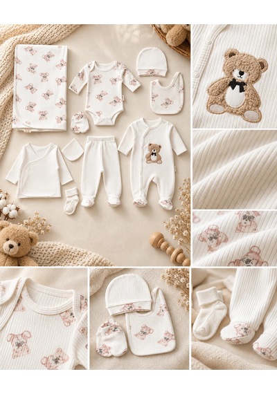 Eray Alp Kids Erkek Bebek Ayıcık Desenli Hastane Çıkışı 10'lu Set Beyaz