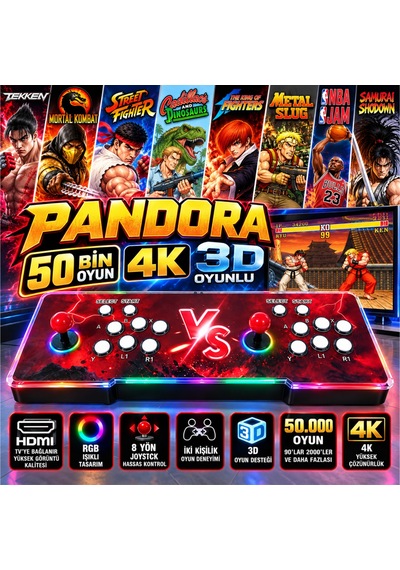 Schitec Pandora 50.000 Oyunlu 4k 3d Rgb Işıklı Çift Kişilik Arcade Oyun Konsolu