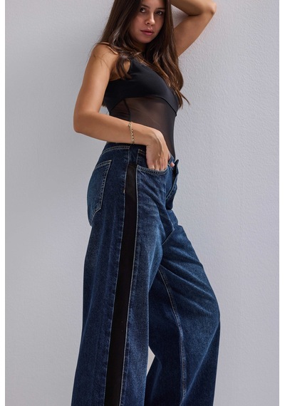 Kadın Koyu Mavi 2w6-5 Süper Baggy Yan Süet Detaylı Özel Tasarım Denim Jean