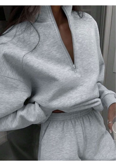Basic Düz Fermuarlı Eşofman Takımı Sweatshirt Jogger - Gri Oversize Şardonlu Dik Yaka Gri