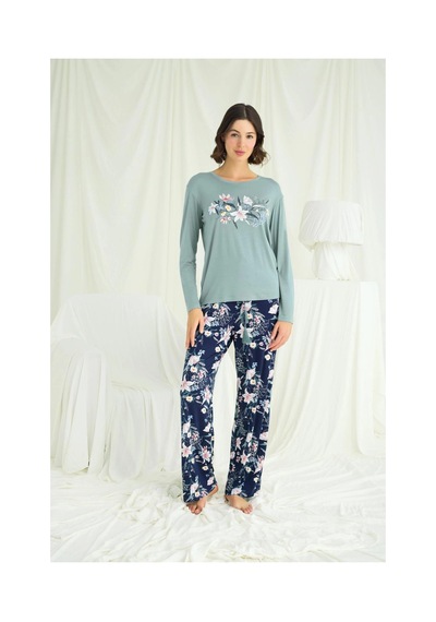 L'ombre Çiçek Ve Yaprak Desenli Baskılı Pijama Takımı Yeşil