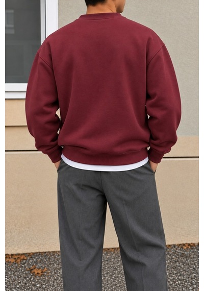 Cool Tarz Erkek 3 İplik Şardonlu Regular Fit Bisiklet Yaka Basic Sweatshirt Bordo Bordo