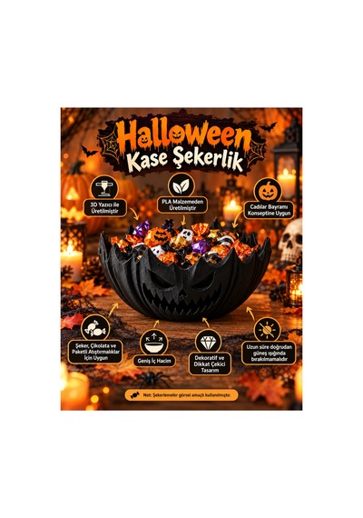 Halloween Balkabağı Kase Şekerlik - Cadılar Bayramı Dekoratif Şeker Kasesi Siyah Siyah