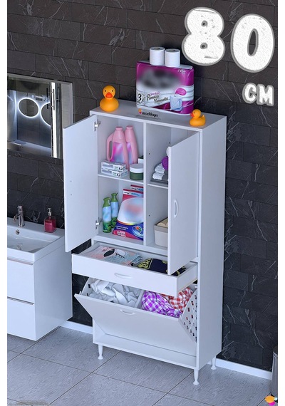 Yeni Afra 80 Cm 2 Gözlü Kirli Çamaşır Sepet, 2 Kapak Ve Çekmeceli 4 Raflı Çok Amaçlı Banyo Dolabı Beyaz Yeni Afra 80 Cm 2 Gözlü Kirli Çamaşır Sepet, 2 Kapak Ve Çekmeceli 4 Raflı Çok Amaçlı Banyo Dolabı Beyaz