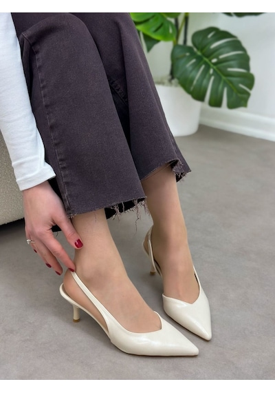 Ervanın Butiği Bej Parlak Deri Jaren Lastik Detay Kadın Stiletto-6086 Bej Cilt