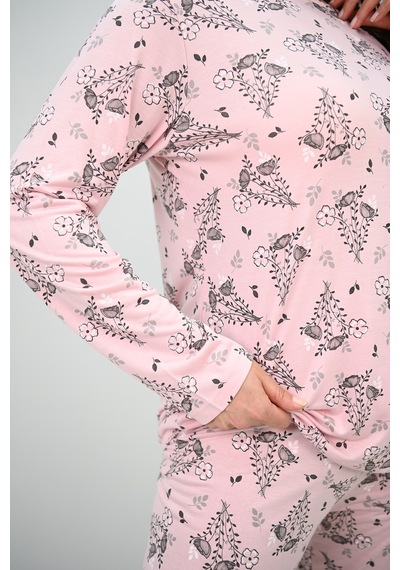 Kadın Büyük Beden Çiçek Desenli Uzun Kollu Pijama Takımı 4235-25 Siyah