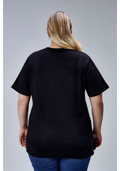 Banega Curve Büyük Beden Siyah Boyfriend Bisiklet Yaka Yırtmaçlı Pamuk Örme T-shirt Siyah