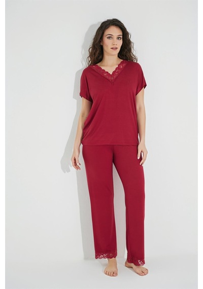 Monamise Kısa Kollu V Yakalı Dantelli Pijama Takımı 18495 Siyah