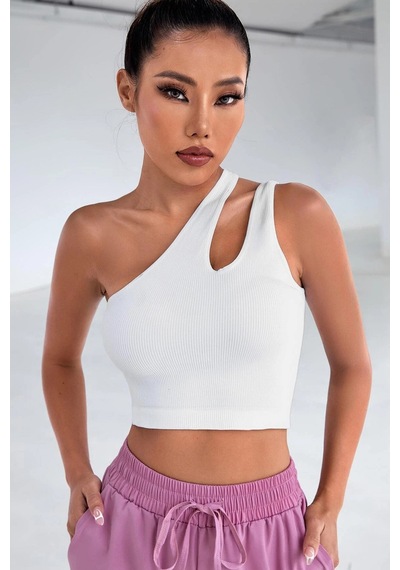Angbutik Kadın Beyaz Tek Omuz Cut Out Detaylı Crop Top Bluz