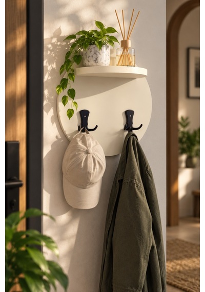 Sulorahome Krem Bej Yuvarlak Duvar Askılığı Ve Mini Raf Açık Bej