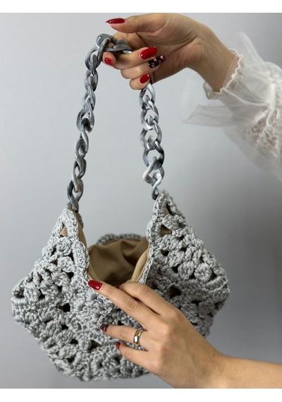El Örgüsü Çiçekli Kadın El Çantası 30x27 Cm Gri