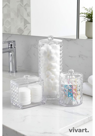 Vivart 3 Lü Diamond Seri Kapaklı Banyo Organizer, Makyaj Pamuğu Ve Kulak Çubuğu Saklama Kabı Şeffaf