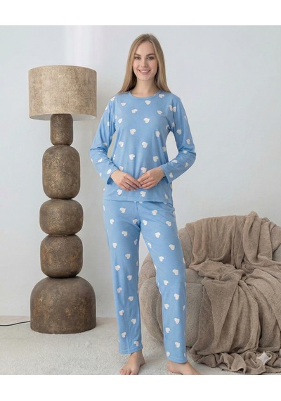Lindros 0440 Kadın Süet Uzun Kol Pijama Takımı Mavi