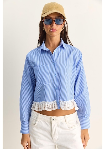 Shade Kadın Dantel Detaylı Çizgili Poplin Crop Gömlek Dg261023 60286099 - Mavi