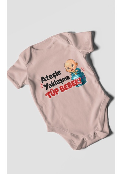 Morivokids Ateşle Yaklaşma Tüp Bebek Kısa Kollu Bebek Body %100 Pamuk Pastel Pembe