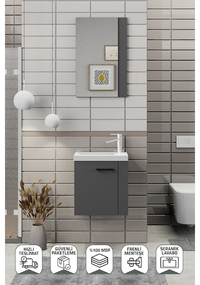 Biani Minila 45 cm Banyo Dolabı,Seramik Lavabolu, Aynalı,Lavabo Dahil,Mdf,Mat Gri Biani Minila 45 cm Banyo Dolabı,Seramik Lavabolu, Aynalı,Lavabo Dahil,Mdf,Mat Gri