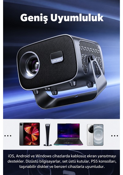 Vd-pjt003 Android 14 Akıllı Projeksiyon Cihazı, 4k Destekli 720p Hd Mini Projektör, 160 Ansı Lümen, İos Ve Android Ekran Yansıtma, Bluetooth 5.3, Hdmı, Çift Usb, 360 Döner Stand, 5w Hoparlör