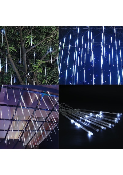 8 Saçaklı 50 Cm Meteor Yağmuru Led Işık Gün Işığı, Fişli, Hareketli Akan Efektli Dış Mekan Aydınlatma Beyaz