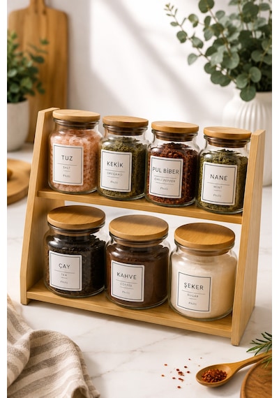 Prime Ekstra - 2 Katlı Saklama Kabı Organizer Bambu Standlı Baharatlık Seti Kaşık Hediyeli Diğer