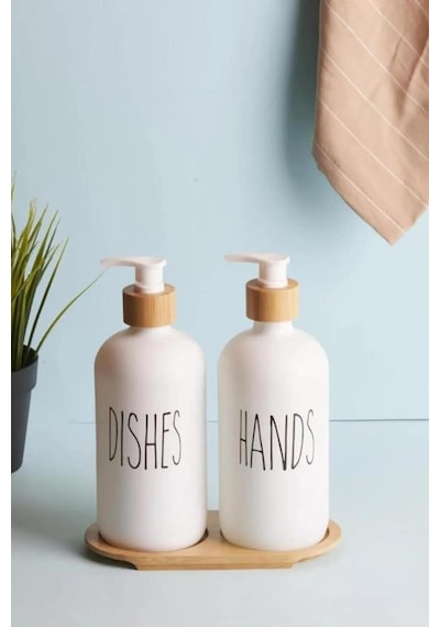 2 Li Beyaz Mutfak Sıvı Sabunluk Seti 500ml+500ml Bambu Standlı