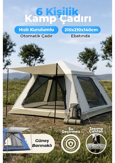 Auhma Outdoor Ac6636 6 Kişilik Otomatik Kamp Çadırı Krem 210x210x140 Cm Su Geçirmez Oxford Kumaş