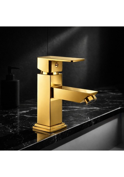 Viosa Lüks Altın Lavabo Bataryası Pirinç Gövde Aç Kapa Musluk Modern Kare Tasarım Banyo Batarya Siyah