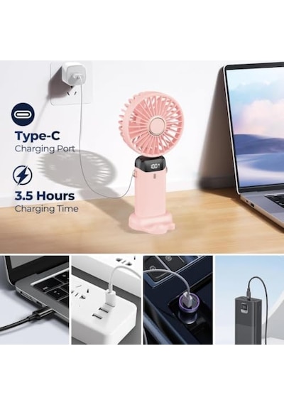 Şarjlı El Vantilatörü - Led Dijital Ekranlı 5 Kademe Rüzgar Hızlı Mini Masaüstü Fan, Boyun Askılı Katlanabilir Şarj Edilebilir Taşınabilir Vantilatör, Telefon Standlı Type-c Şarjlı Pembe
