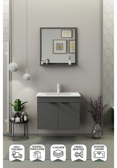 Biani Fix Arya 75 Cm Banyo Dolabı,Seramik Lavabolu, Aynalı,Lavabo Dahil,Mdf,Mat Gri Biani Fix Arya 75 Cm Banyo Dolabı,Seramik Lavabolu, Aynalı,Lavabo Dahil,Mdf,Mat Gri