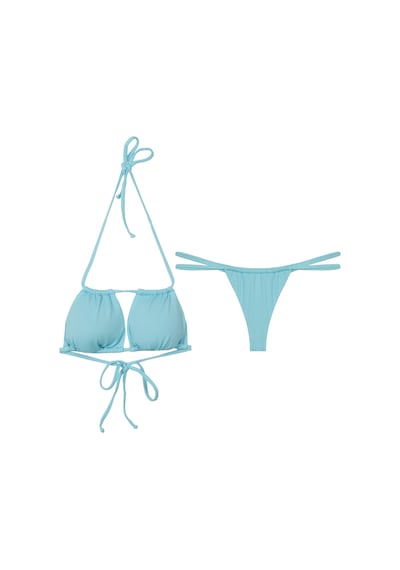 İpli Üçgen Dokulu Kumaş Bikini Takım Turkuaz