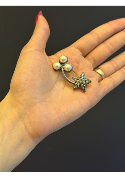 Füme Çelik İnci Boncuklu Broş Yaka İğnesi Giyim Aksesuarı 4 x 2 CM Renkli