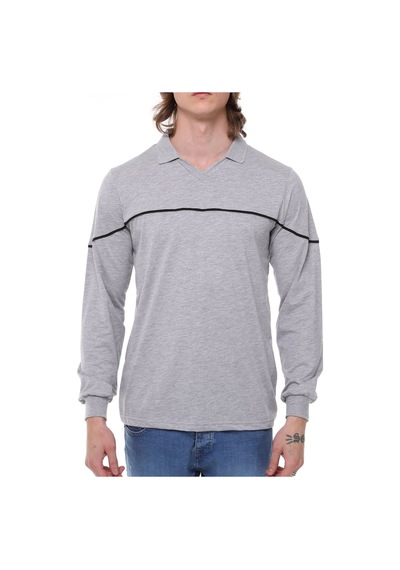 Uniprom Uzun Kollu Erkek T- Shirt Penye Polo Yaka %100 Pamuk Gri Melanj Açık Gri Melanj