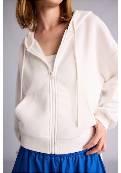 Defacto Cropped Fit Kapüşonlu Kalın Fermuarlı Sweatshirt Z7069az26auwt32 Beyaz-wt32