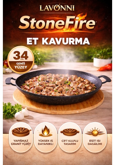 StoneFire 34 Cm Granit Sac Tava | Çift Kulplu Bazlama, Gözleme ve Kavurma Tavası