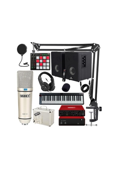 Midex İmpressive Paket - 5 Stüdyo Ekipmanları Seti Monitör Mikrofon Ses Kartı Kulaklık Midi Klavye Pad Controller