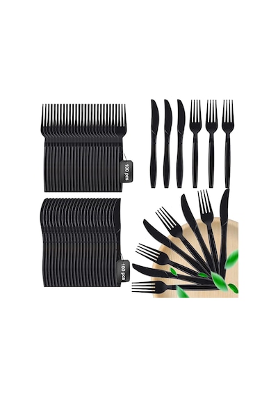 Plastik Siyah Çatal Bıçak Seti Takımı- 100 Ad. Çatal + 100 Adet Bıçak - 18 Cm. Siyah