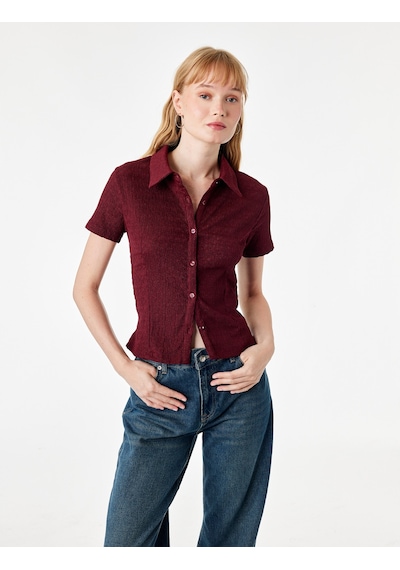 Koton Regular Fit Kısa Kollu Düğmeli Bürümcük Kumaş Polo Yaka Bluz Bordo 7wal60015ık