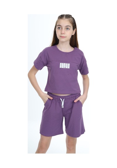 Toontoy Kids Toontoy Kız Çocuk Crop Aloha Yazı Baskılı Şortlu Takım Mor