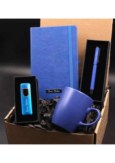 Kişiye Özel Kapaklı Mavi Usb Çakmak & Mavi Defter & Mavi Kupa Hed