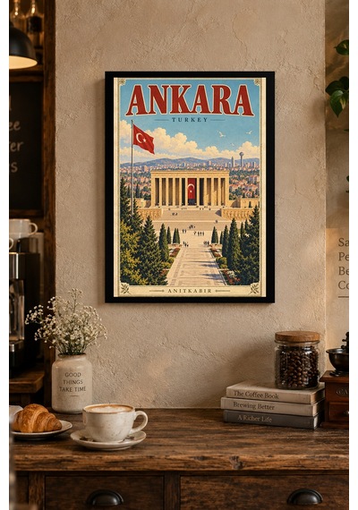 Anıt Ve Bayraklı Şehir İllüstrasyonu Desenli Dekoratif Mdf Tablo, Çerçeve Görünümlü Ahşap Poster