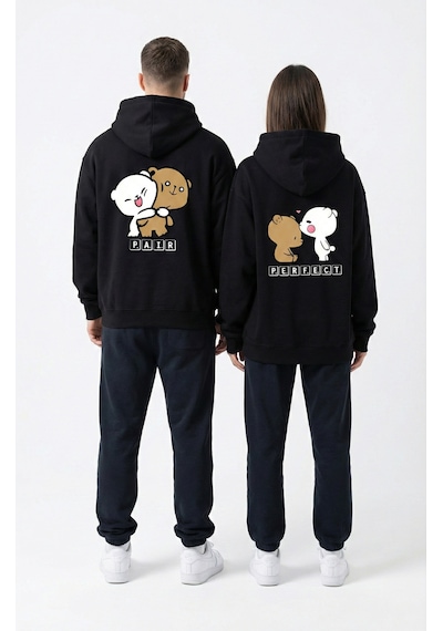 Unisex Oversize Ayıcık Baskılı Çift Hoodie Siyah