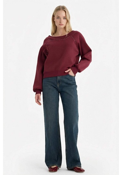 Defacto Oversize Geniş Kalıp Açık Omuz Kalın Kumaş Sweatshirt G7880ax25cwbr43 Bordo-br43